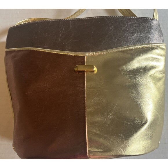 Vintage Rare Unique Metallic Berrita Italian Leather Purse Bag Gold Pockets Zip - Picture 2 of 16